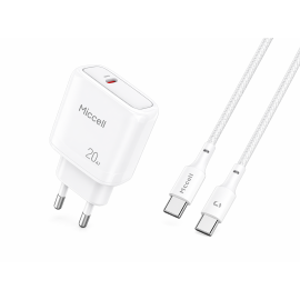 CARGADOR MICCELL RAPIDO TIPO C PD 20W + CABLE C-C 1.20M T12